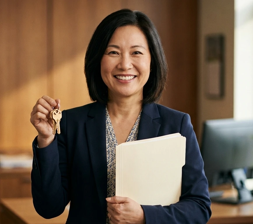 Lady holding up house keys with a smile